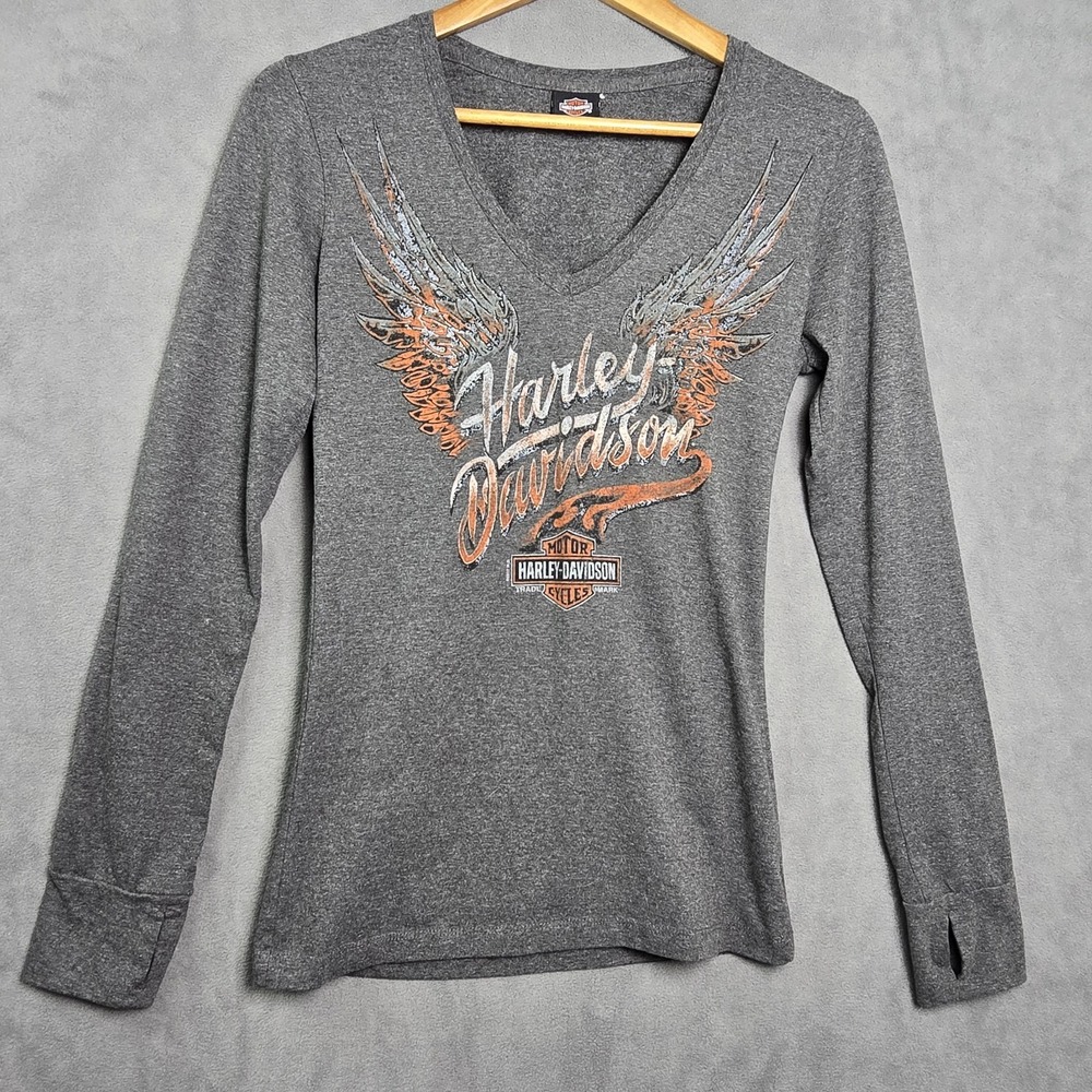 Harley Davidson Womens T-Shirt Gray Long Sleeve V Neck Tee * See Measurement Pic